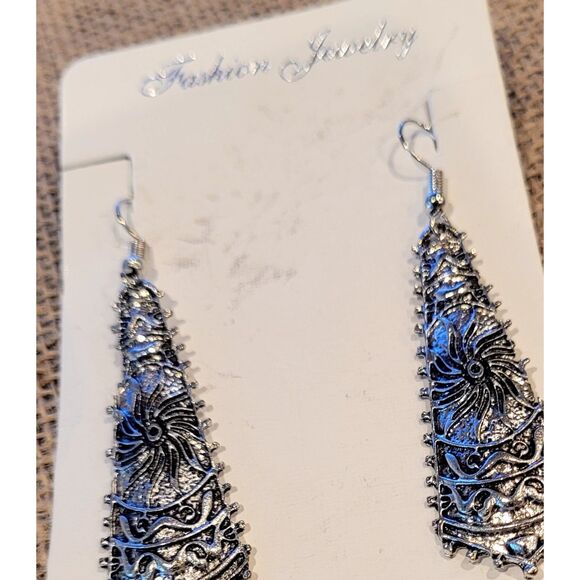 2" Drop Ethnic Tribal Aluminum Alloy French Wire Earrings Silver - Picture 2 of 4